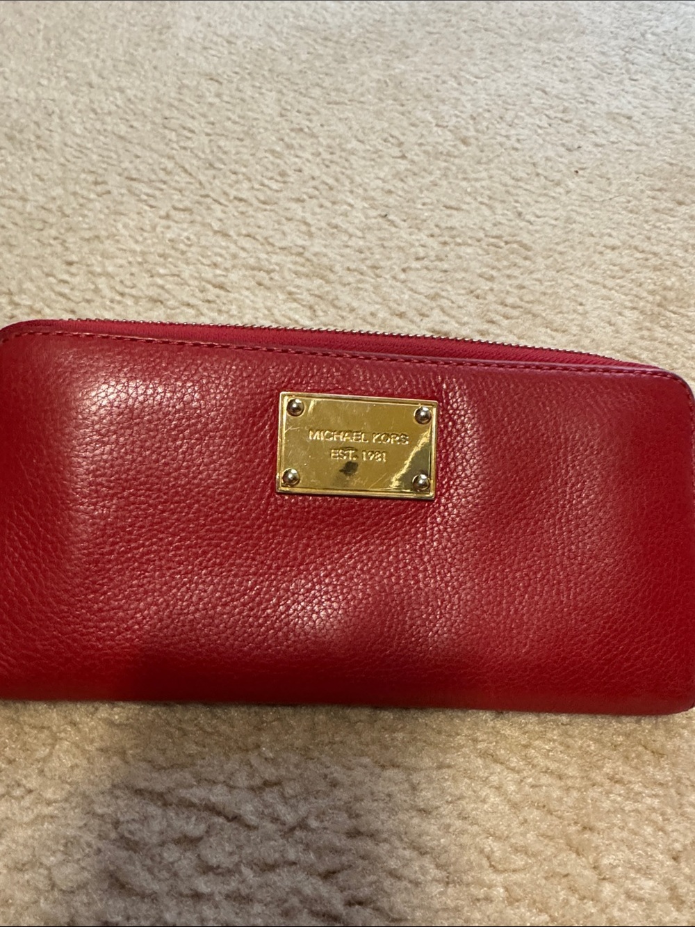 Michael Kors Red Pebbled Leather Zip-Around Wallet with Gold Plaque